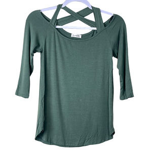 Loveapella Green 3/4 Sleeve Cold Shoulder High Low Top NWT Size XS